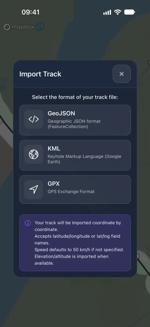 The Import Track sheet offering GPX, KML and GeoJSON files