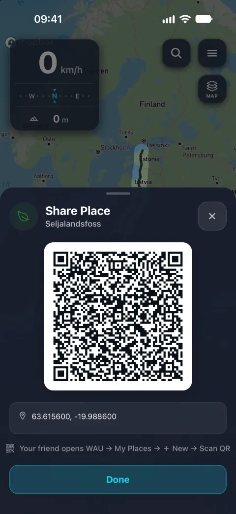 A place’s share code: a QR code a friend scans with WAU, no internet needed