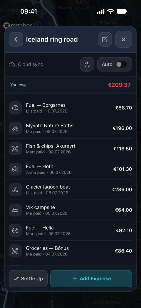 A shared tab for an Iceland road trip: who paid for fuel, the campsite and the glacier boat, and what you owe
