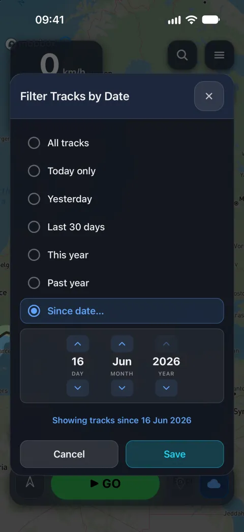 The track date filter: all tracks, today, yesterday, the last 30 days, this year, or since a chosen date — here 16 June 2026