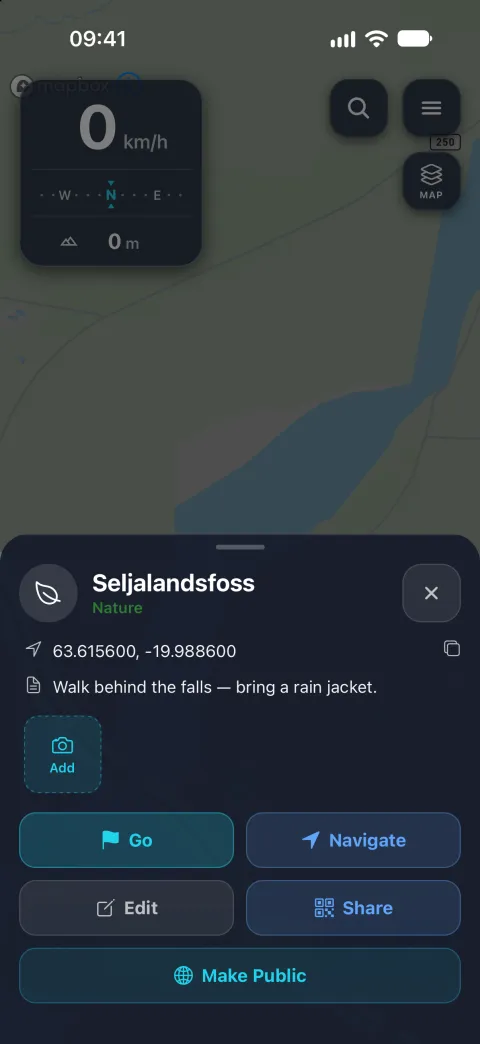 A saved place, Seljalandsfoss, opened from its pin on the map: its note, Go and Navigate, Share, and Make Public