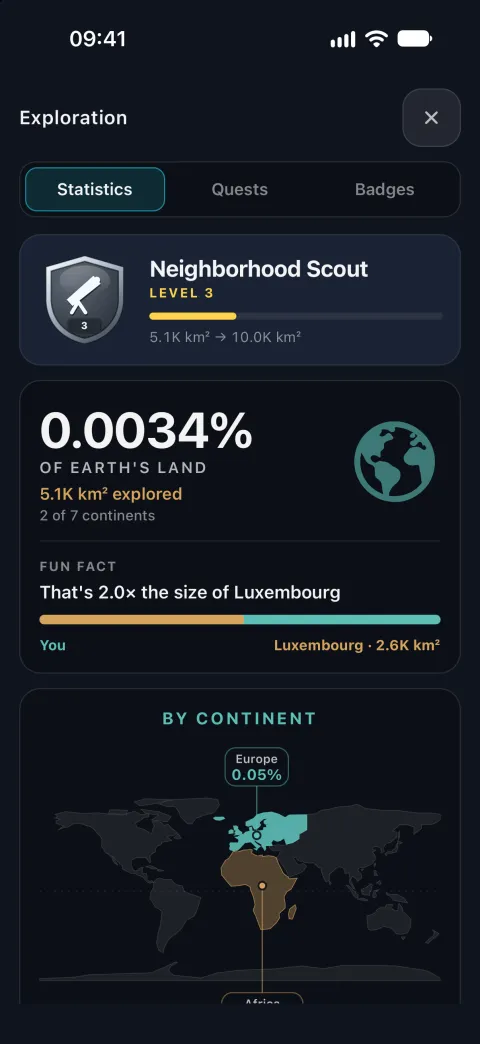 The Exploration statistics: explorer level 3, 5,100 km² of Earth's land explored across 2 of 7 continents, twice the size of Luxembourg