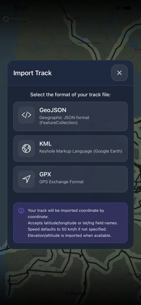 The Import Track dialog offering GeoJSON, KML and GPX, over a map of already-imported routes