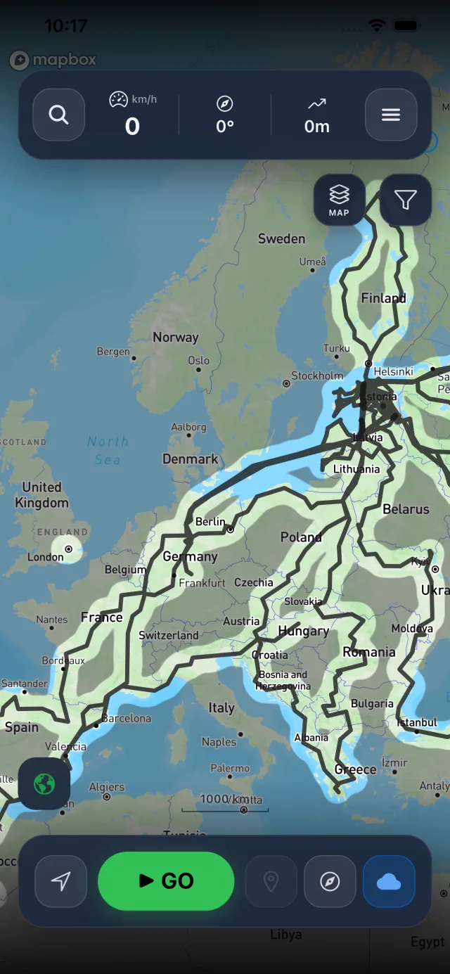 The WAU app showing years of driving across Europe: explored ground cleared along every route from Finland to Spain, the rest still dark