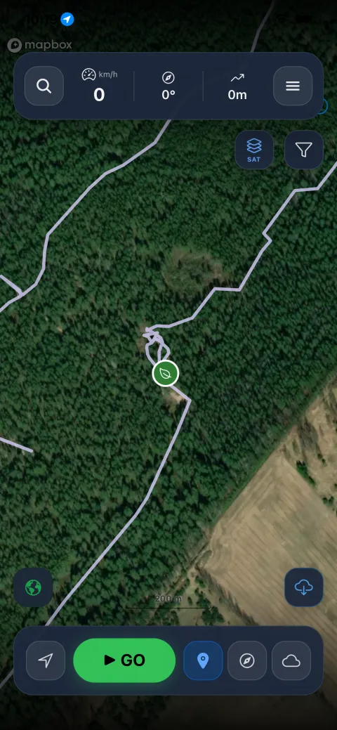 Satellite imagery with a recorded trail following a track through dense forest to a saved place