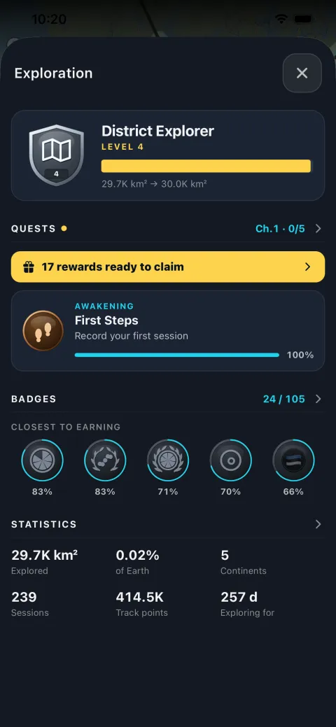 The Exploration screen: explorer level, the current quest chapter, badges closest to earning, and totals