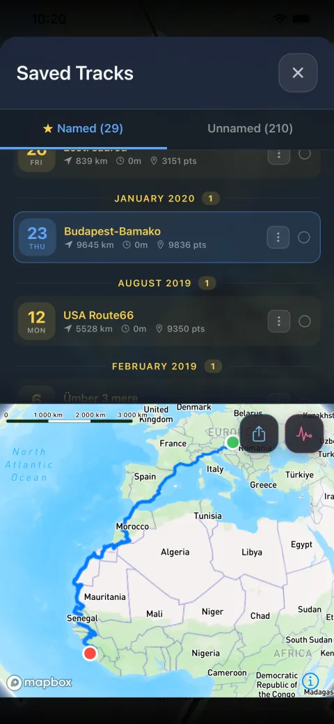 The Saved Tracks list grouped by month, over the map of a drive from Budapest to Bamako